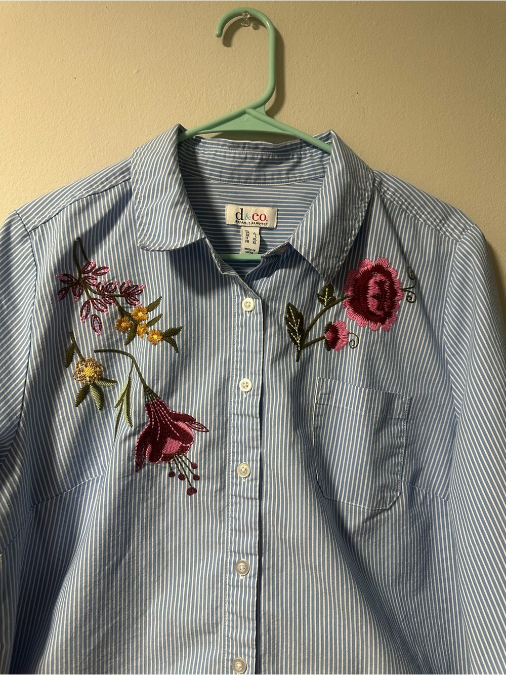 d&co Blue Striped Button-Down Shirt with Pink Floral Embroidery